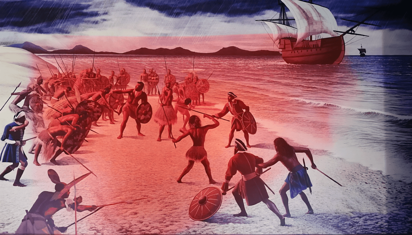 Ilustração de confronto entre exploradores holandeses e povos Wik e Tjungundji em Cape York (1606)