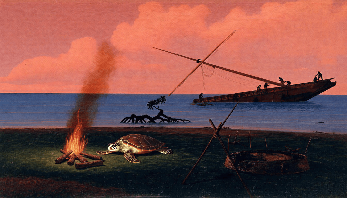 Ilustração da disputa pela tartaruga com o povo Guugu Yimithirr em Cooktown